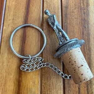 Vtg Pewter Golf Figurine Cork Stopper w/ Chain and Ring